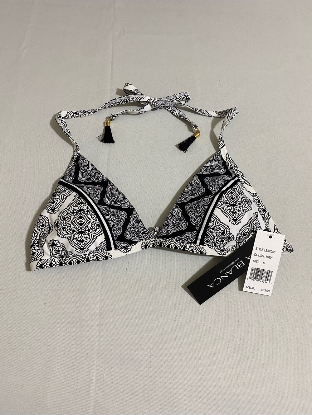 LA BLANCA Oasis Triangle Halter Bikini Top w Tassels Size 6